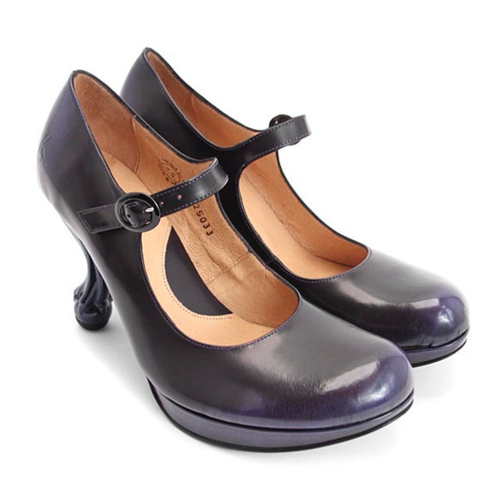 Size 11 John Fluevog "Elizabeth" Mary Jane heels in purple.